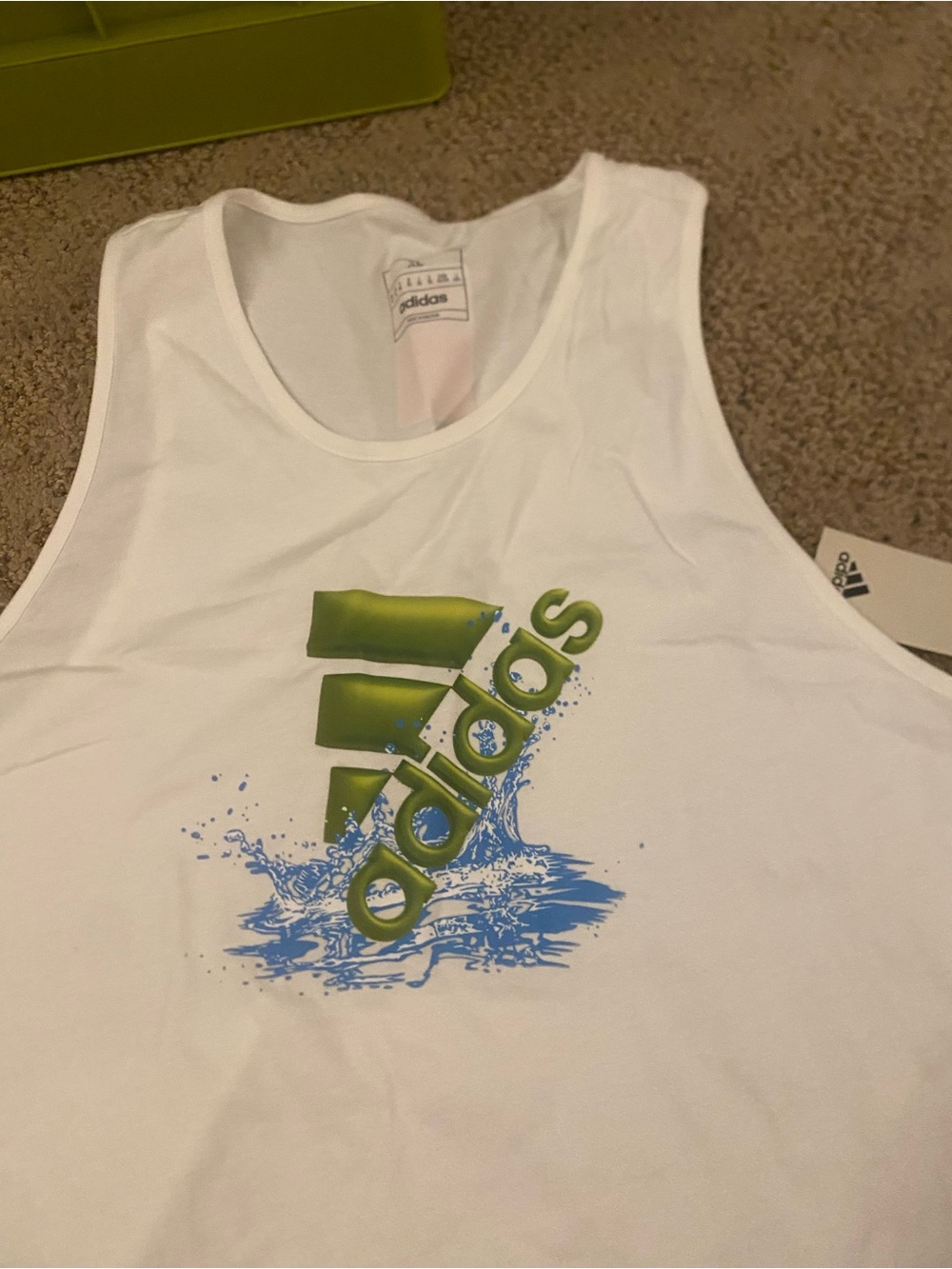 adidas Men’s White Swim Tank with Green Logo and Blue Splash xl
